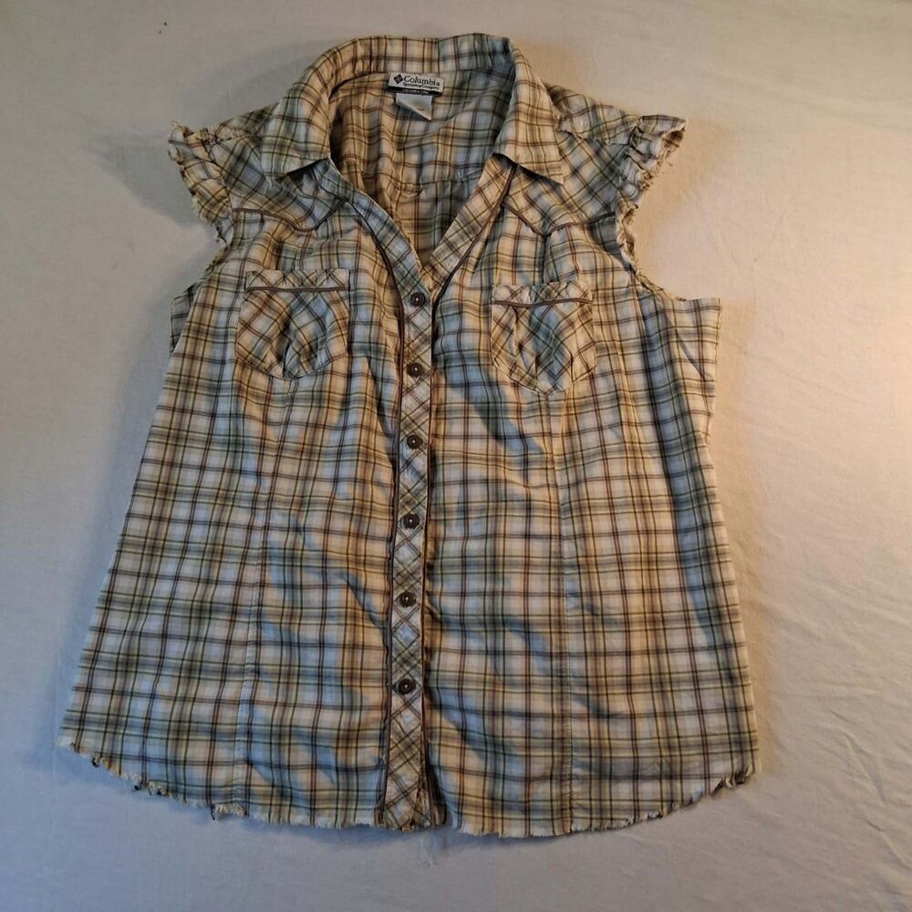 Columbia Womens Medium Plaid Sleeveless Button Up Shirt NWOT Green Raw Edge
